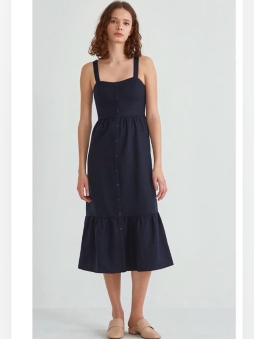 Frank And Oak Sz L Tencel Linen Tiered Midi Dress Navy